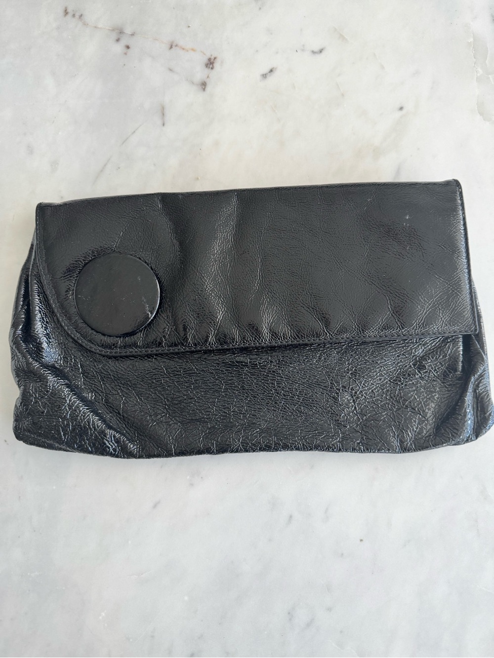Classic Black Leather Envelope Clutch with Circular Accent